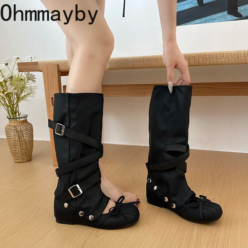 Y2K Knee-High Flat Boots – Double Buckle Bow Slip-On Booties Knee-High Flat Boots Axl