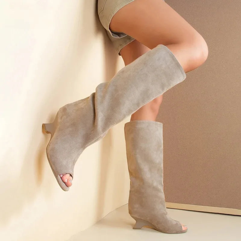 Women's Slouchy Knee-High Wedge Boots – Open Toe Wide Calf Knee-High Boots Axl