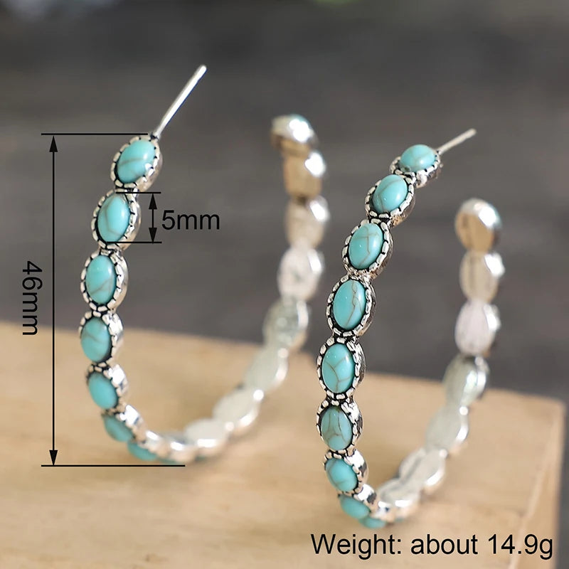 Huitan Large Hoop Earrings Imitation Turquoise | Vintage Style Hoop Earrings Axl