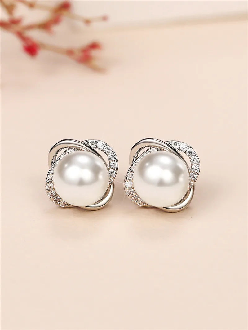 Huitan Pearl & CZ Stud Earrings – Elegant Women's Jewelry Pearl Stud Earrings Axl