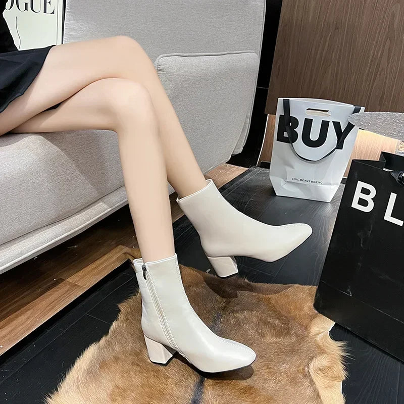 Women's PU Leather Ankle Boots – Square Heel & Side Zipper Chelsea Ankle Boots Axl
