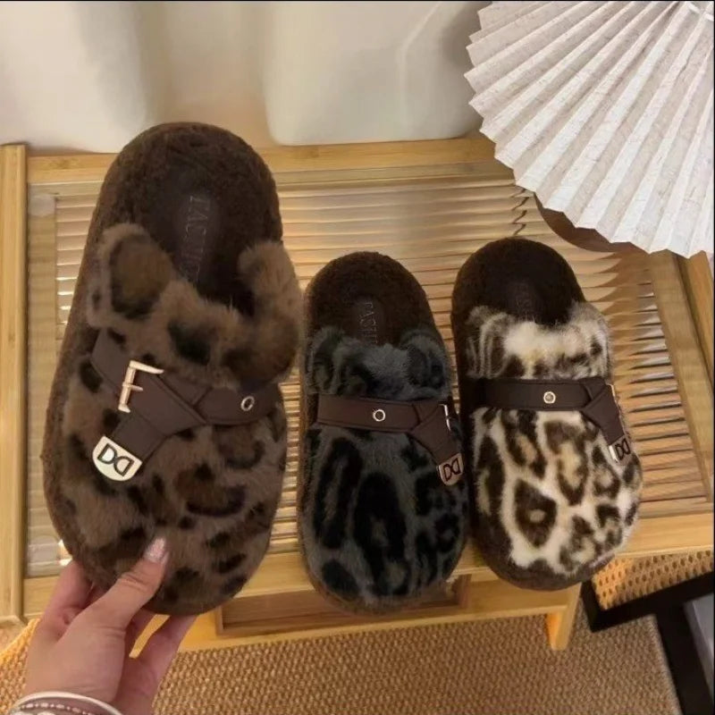 Women's Leopard Chunky Plush Slippers – Cozy Indoor Slide Plush Indoor Slippers Axl