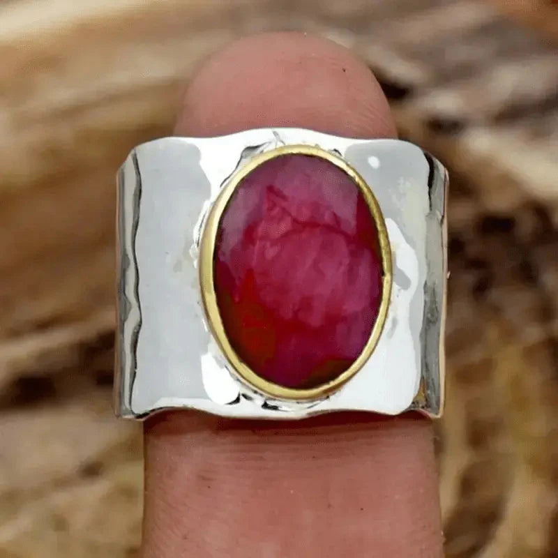 Huitan Vintage Wide Band Ring – Red CZ Two-Tone Women's Ring Fashion Ring Axl