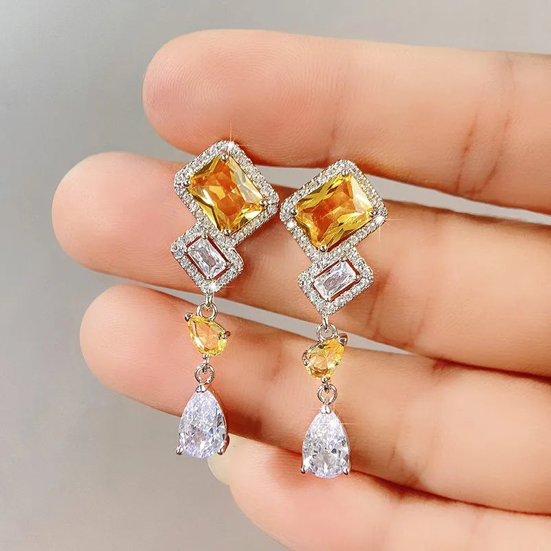 Huitan Yellow CZ Dangle Earrings – Elegant Drop Earrings Women CZ Dangle Earrings Axl E2217