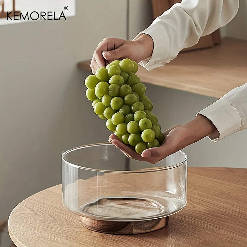 Glass Fruit Bowl with Wood Base – Large Salad & Snack Bowl Glass Serving Bowl Axl