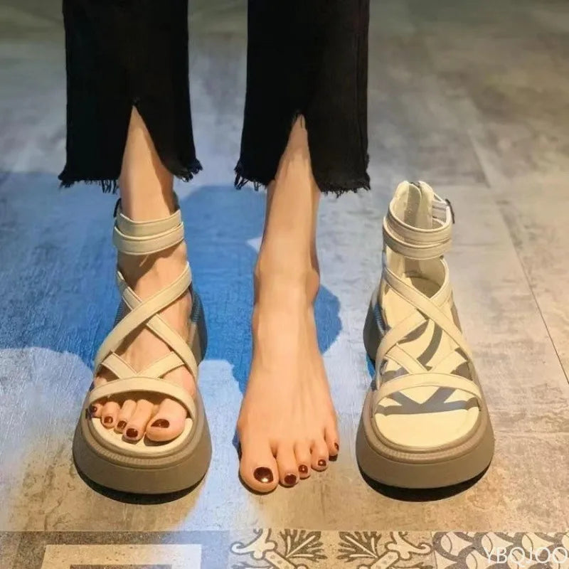 Women's Platform Wedge Sandals – Cross Strap & Zipper Summer Platform Wedge Sandals Axl Beige 39