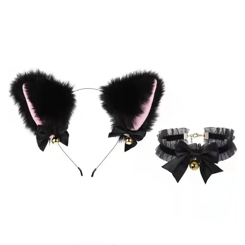 Cat Ear Headband & Bow Tie Necklace Set – Cosplay Costume Costume Headband Set Axl black