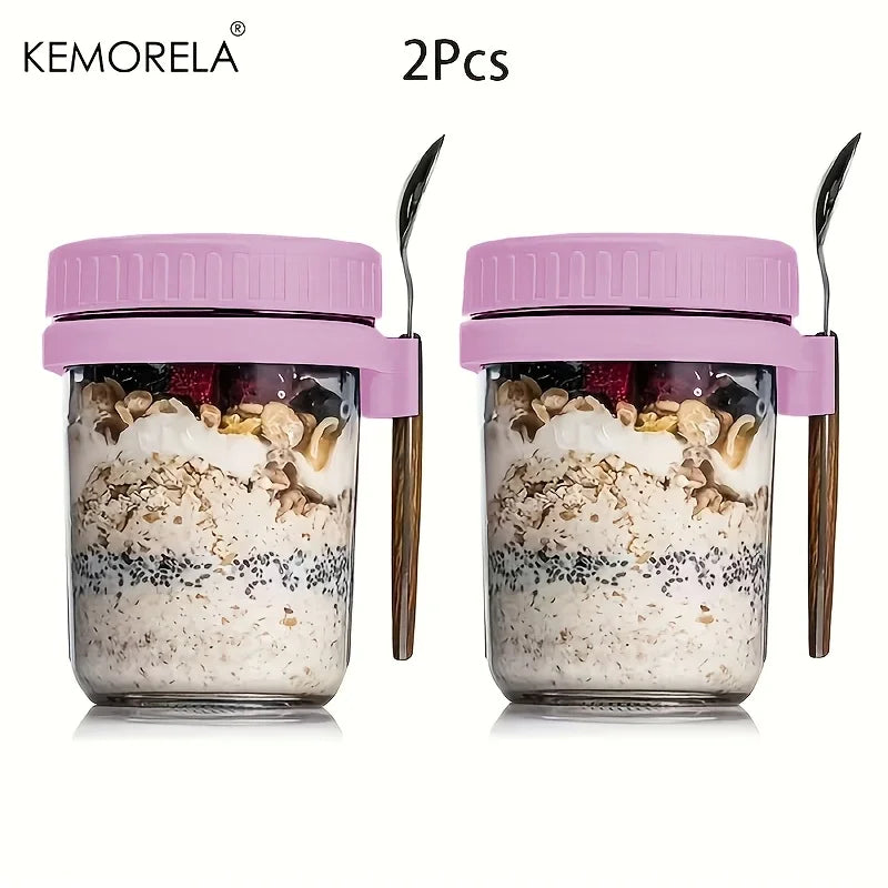 2-Pack Glass Overnight Oats Cup with Lid & Spoon 300ml Glass Food Storage Cup Axl 2PCS Purple