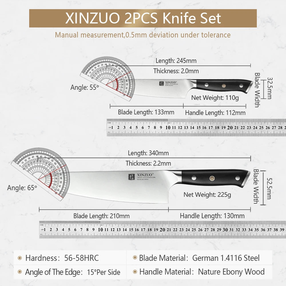 XINZUO 2-Pc Chef & Utility Knife Set – German Steel Ebony Handle Kitchen Knife Set Axl