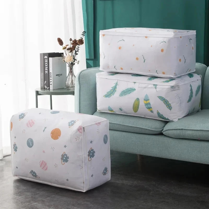Foldable Quilt Storage Bag – Feather Print Blanket Organizer Storage Organizer Bag Axl