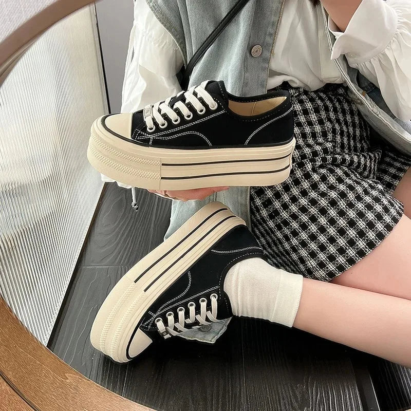 Women's Platform Canvas Sneakers – Casual Lace-Up Flats Canvas Flat Sneakers Axl