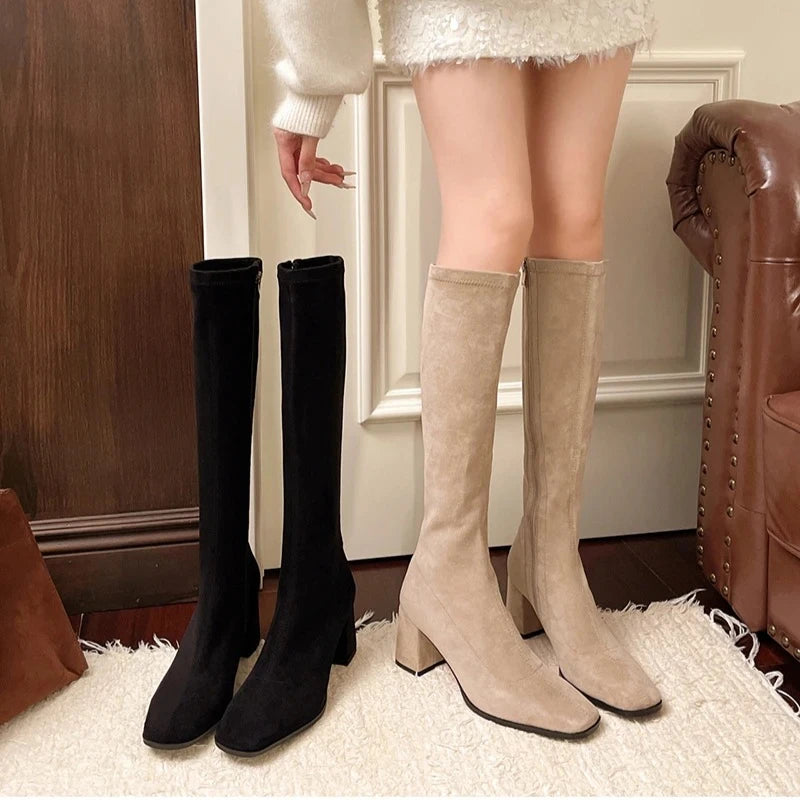 Women's Knee-High Boots | Square Toe Block Heel Side Zipper Knee-High Boots Axl