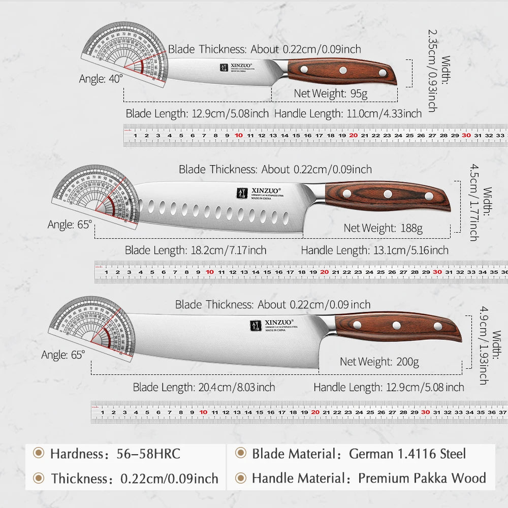 XINZUO 3PC German Steel Knife Set – Santoku, Bunka & Utility Kitchen Knife Set Axl