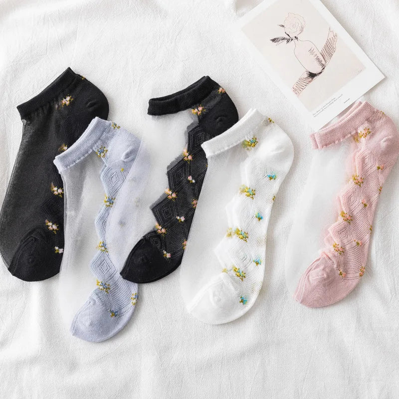 Women's Lace Floral Ankle Socks – 5 Pairs Breathable Cotton Women's Ankle Socks Axl