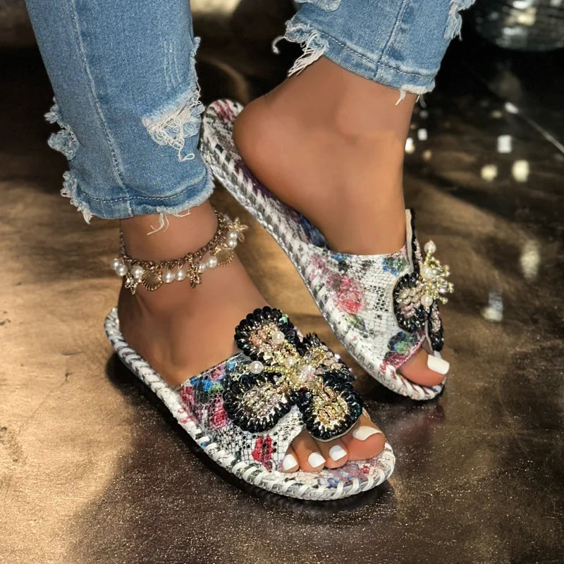 UXST Women Platform Slippers – Pearl Flower Printed Leather Platform Slippers Axl