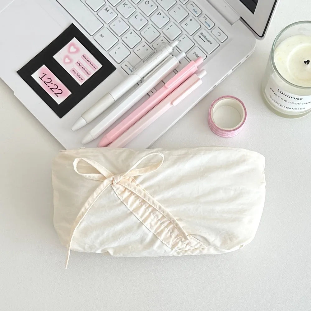 Large Capacity Bowknot Pencil Case – Cute Bow Zipper Pouch Pencil Case Axl White