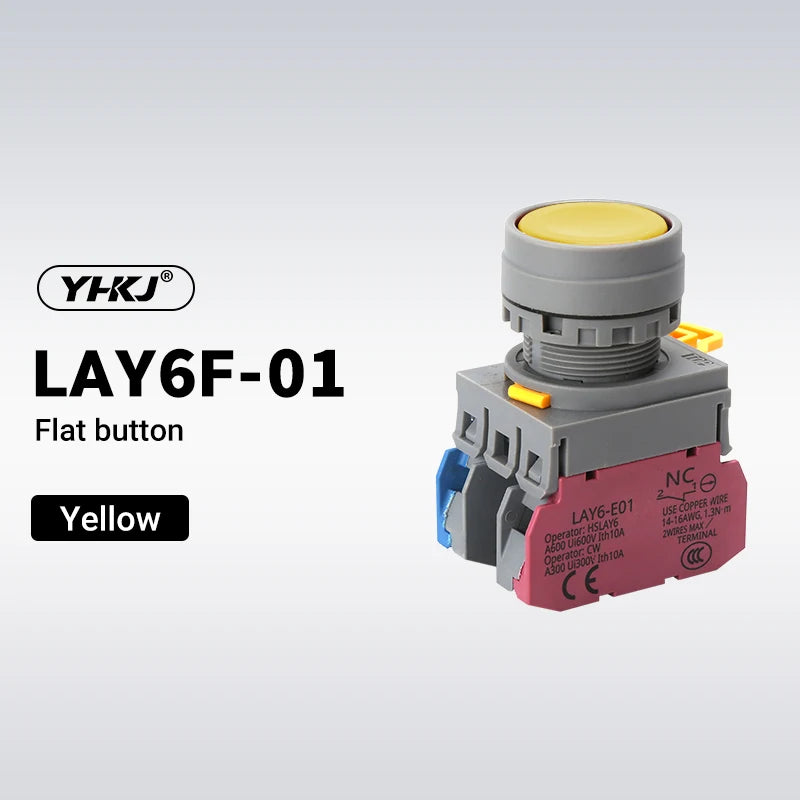 LAY6 22mm Push Button Switch – Momentary Self-Locking 1NO1NC Push Button Switch Axl Yellow 1NC Self-Locking