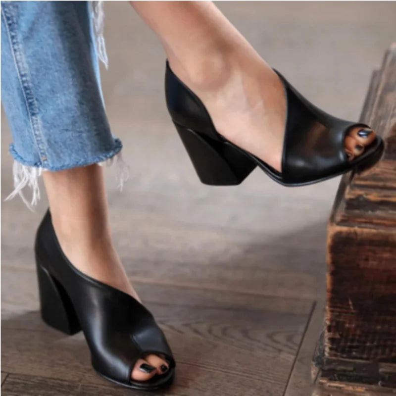 YBQJOO Women's Peep Toe Square Heel Slip-On Sandals Women's Sandals Axl black 36