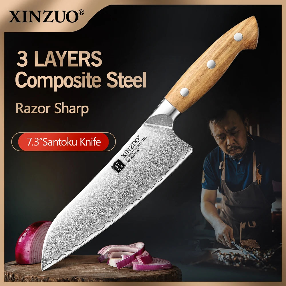 XINZUO 7.28" Damascus Santoku Knife – Olive Wood Handle Gift Box Santoku Knife Axl
