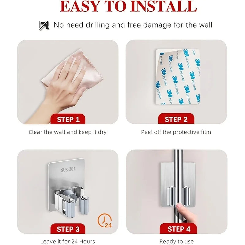 3-Pack No-Drill Wall-Mounted Mop & Broom Holder | Stainless Wall Hook Set Axl Stainless Steel