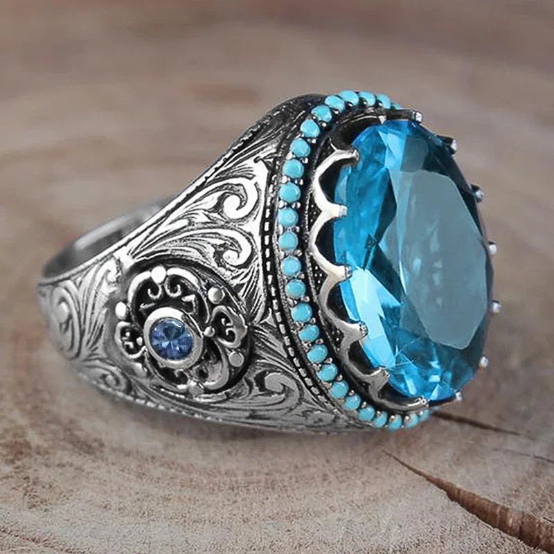 Huitan Oval Blue Green Stone Vintage Cocktail Ring | Antique Silver Cocktail Ring Axl