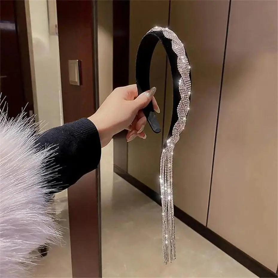Black Velvet Rhinestone Tassel Headband – Bridal Hair Clip Bridal Hair Accessory Axl