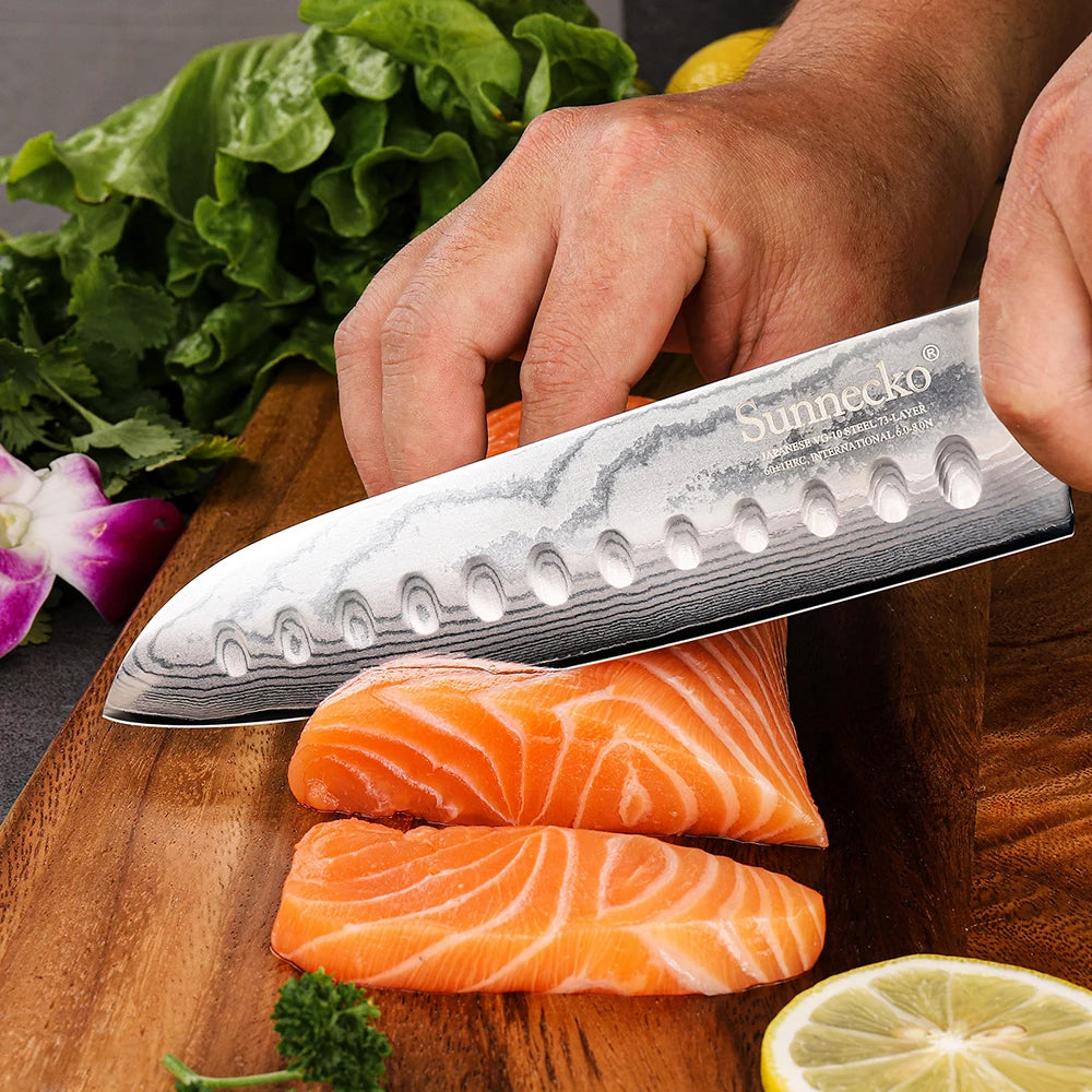 Sunnecko 7" Damascus Santoku Knife – 73-Layer VG10 Steel Damascus Santoku Knife Axl