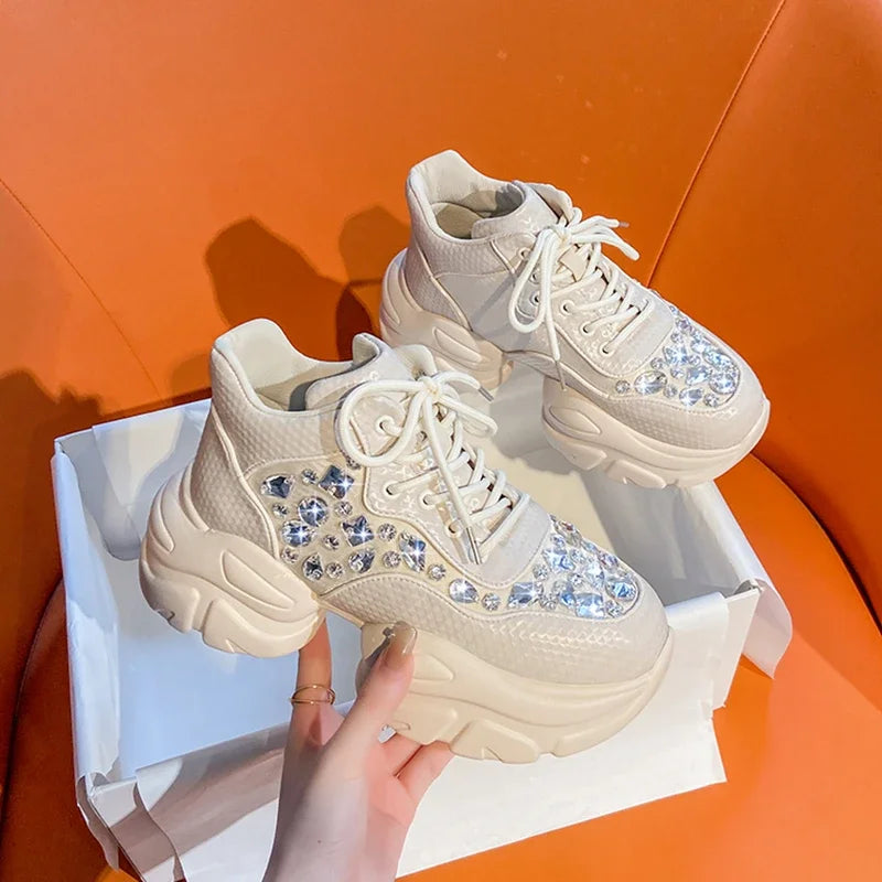 YEAE Women's Diamond Thick Sole Lace-Up Fashion Sneakers Platform Fashion Sneakers Axl Beige 37