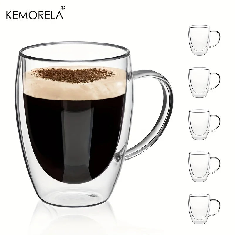 KEMORELA 350ml Double Wall Glass Coffee Mugs with Handle | 2/4/6pc Glass Coffee Mugs Axl