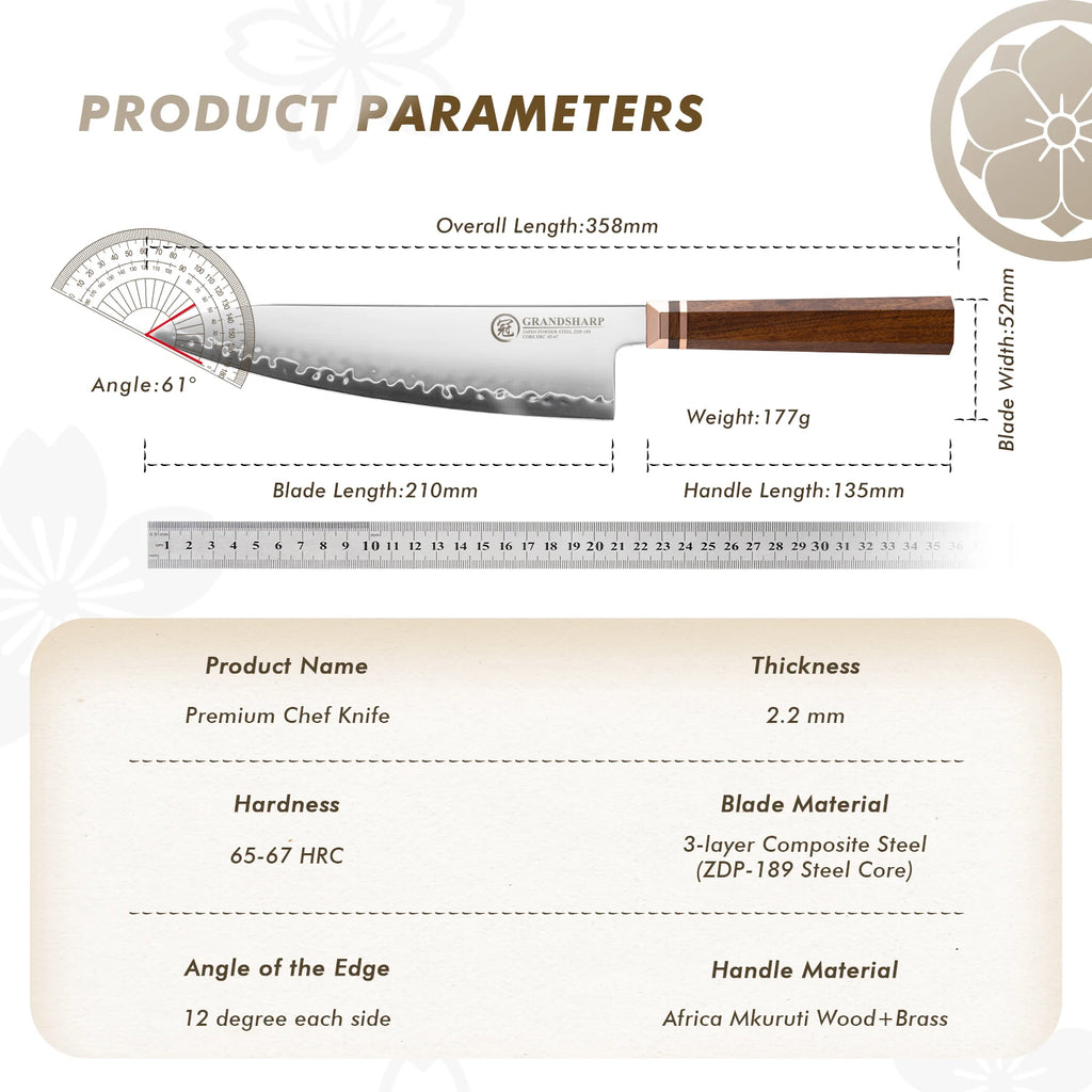 Grandsharp 8.5" Chef Knife ZDP-189 Steel & Mkuruti Wood Handle Chef's Knife Axl