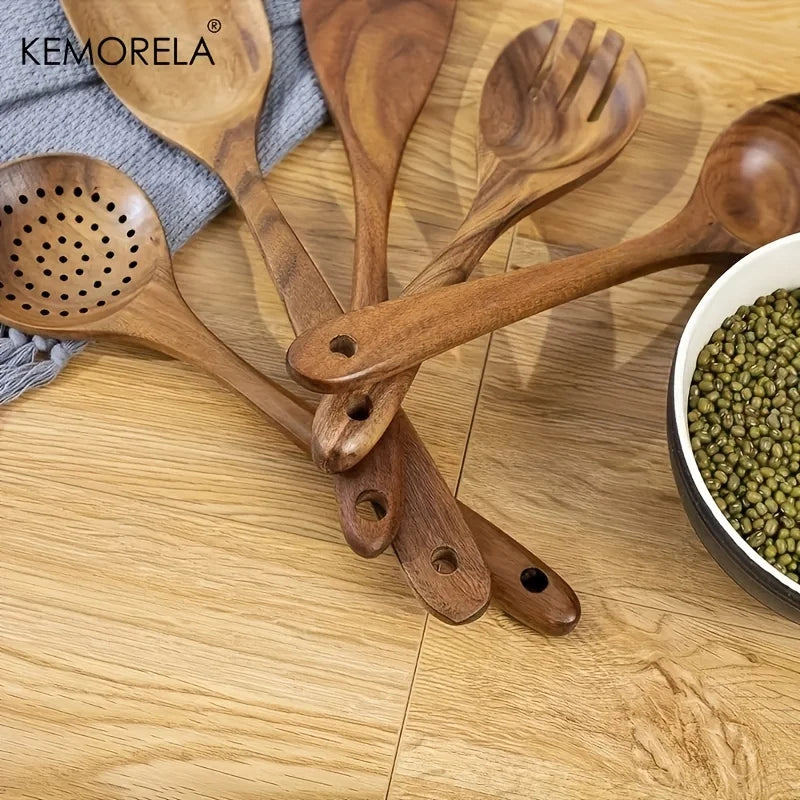 5-Piece Natural Wooden Cookware Set – Spoons, Spatula & Skimmer Wooden Kitchen Utensils Axl