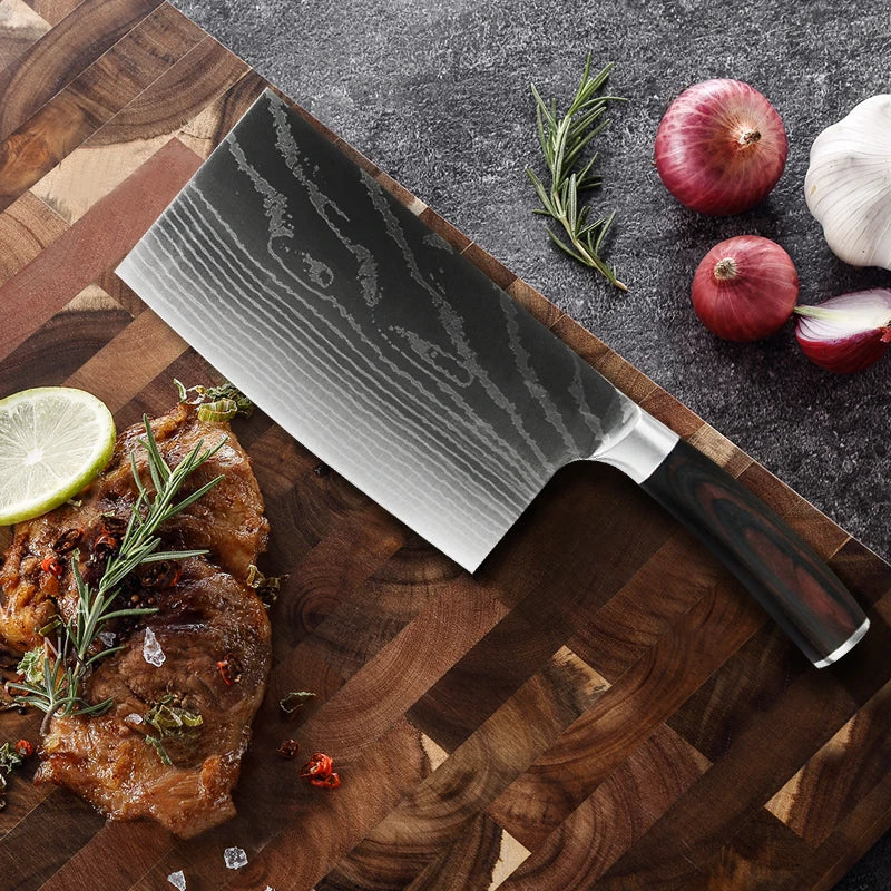 Chinese Cleaver Damascus Knife – Sharp Stainless Steel, Wood Handle Kitchen Cleaver Knife Axl