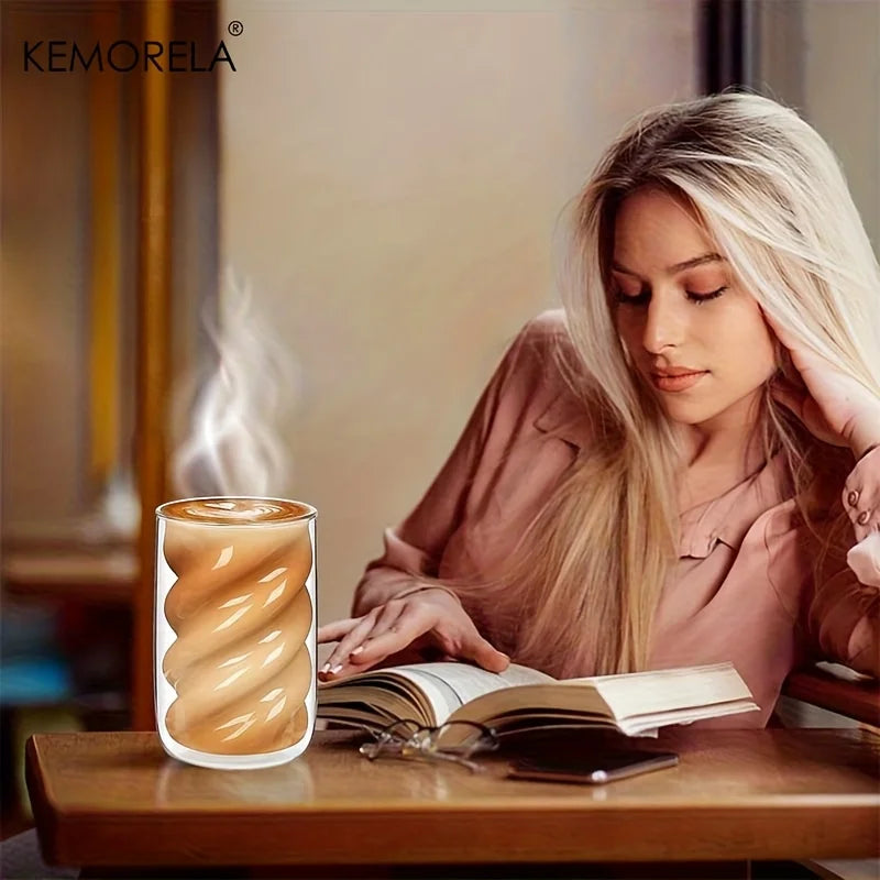 KEMORELA Double-Walled Spiral Glass Cup 320ml | 1 or 2 Pack Glass Coffee Cup Axl