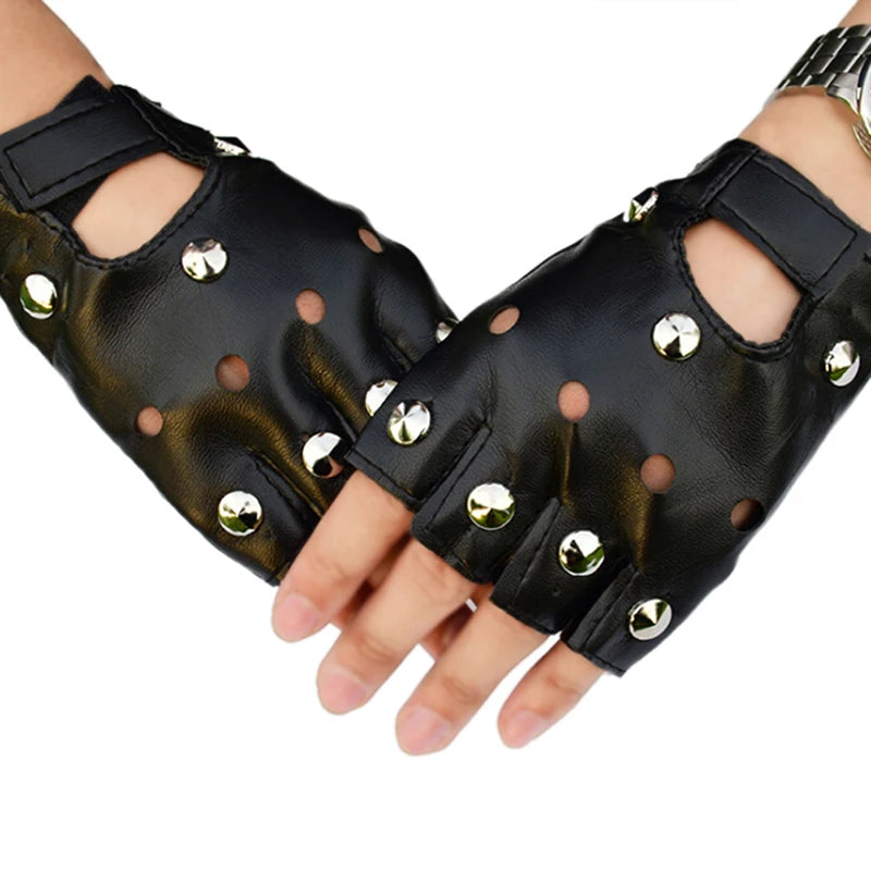 Black Studded Leather Fingerless Gloves – Rivet Half Finger Fingerless Gloves Axl One Size
