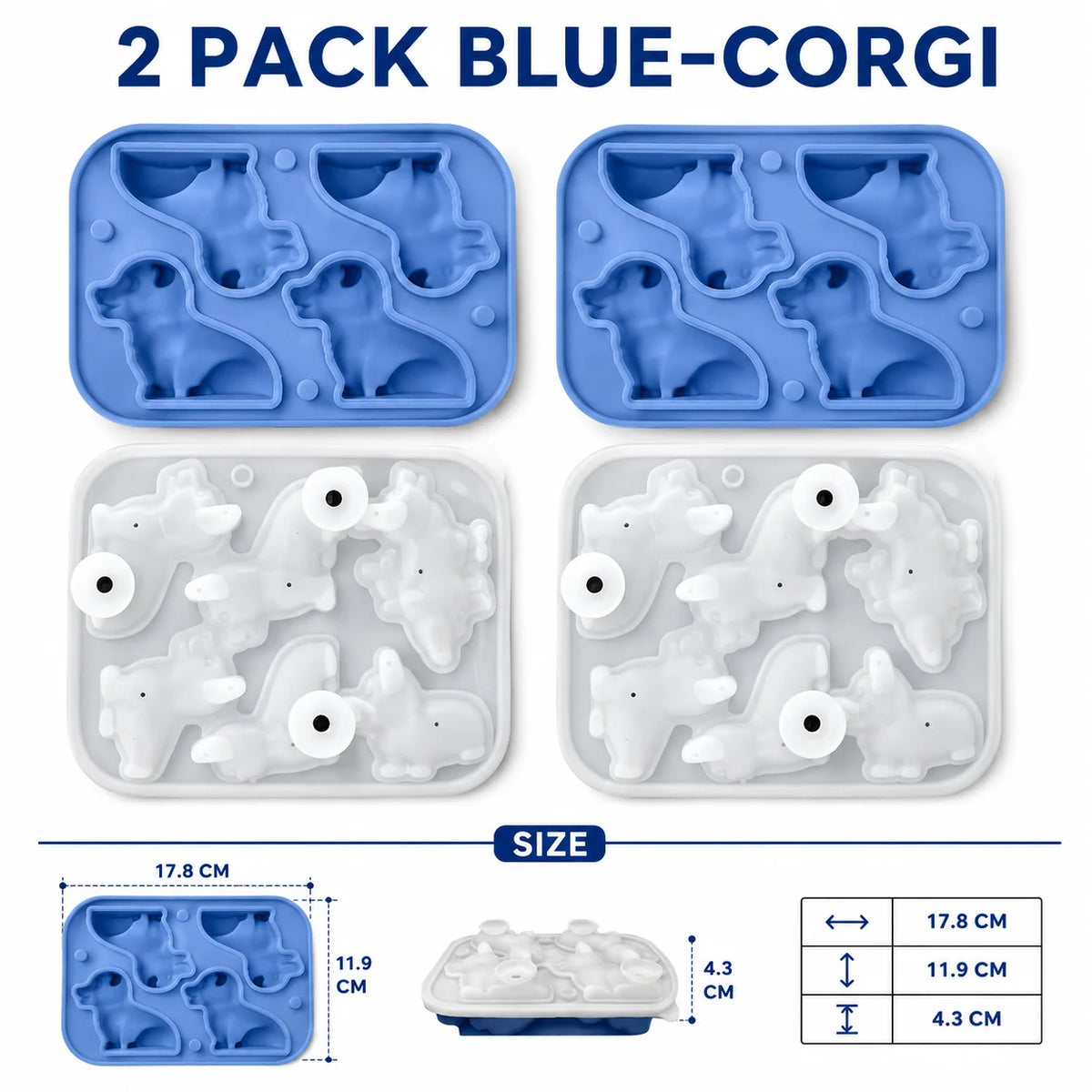 3D Corgi Dog Silicone Ice Cube Tray | Large Novelty Ice Mold Silicone Ice Mold Axl 2 PACK Blue-Corgi