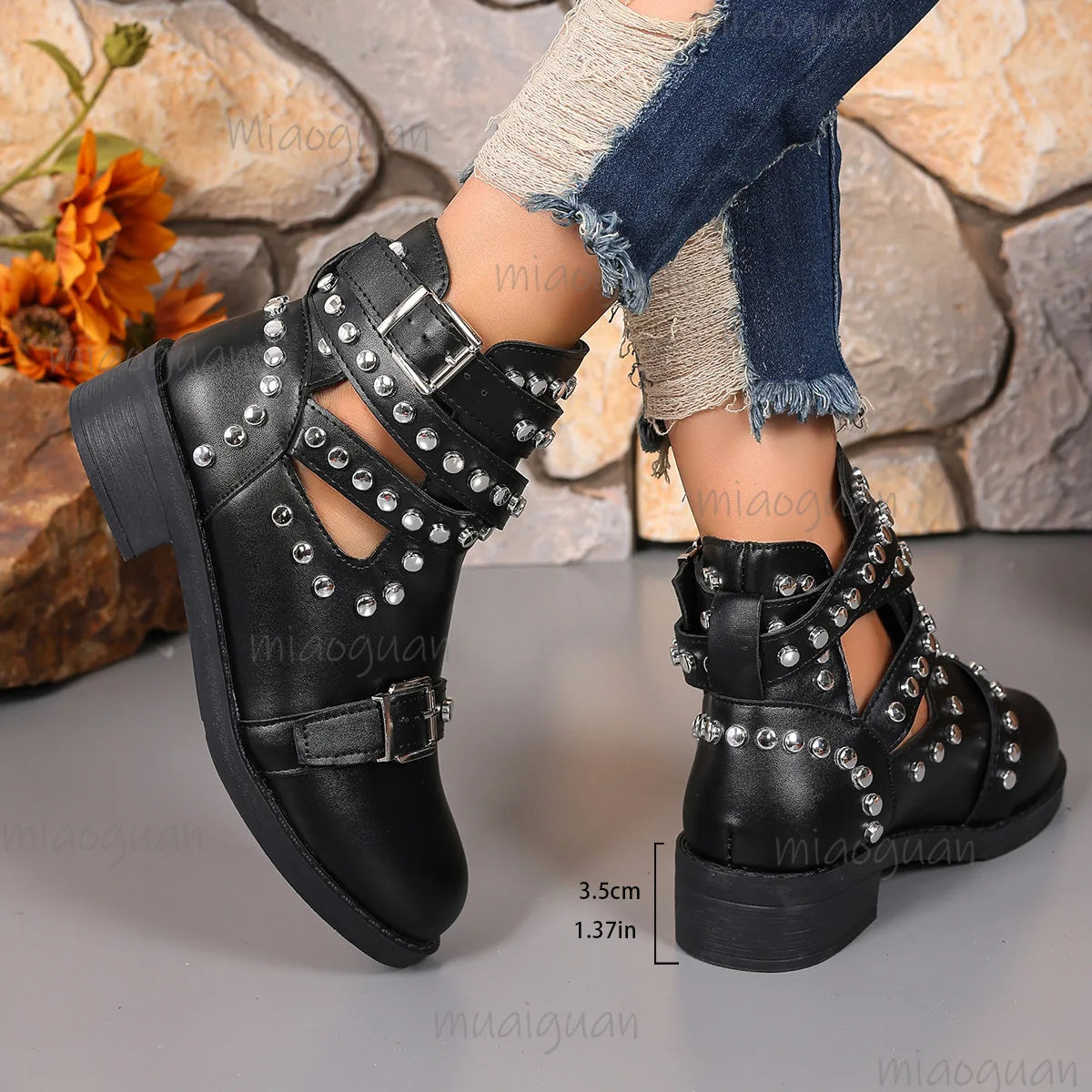 Women's Punk Ankle Boots – Black Rivet Buckle Strap Square Heel Women's Ankle Boots Axl