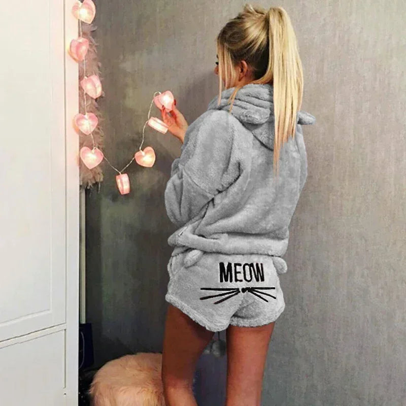 Women's Coral Velvet Hoodie Pajama Set – Cute Cat Print Pajama Set Axl 2 gray 4XL