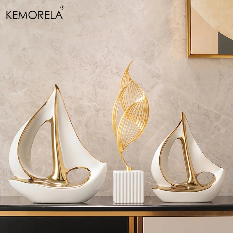 KEMORELA Ceramic Sailboat Sculpture – Post-Modern Home Décor Decorative Sculpture Axl