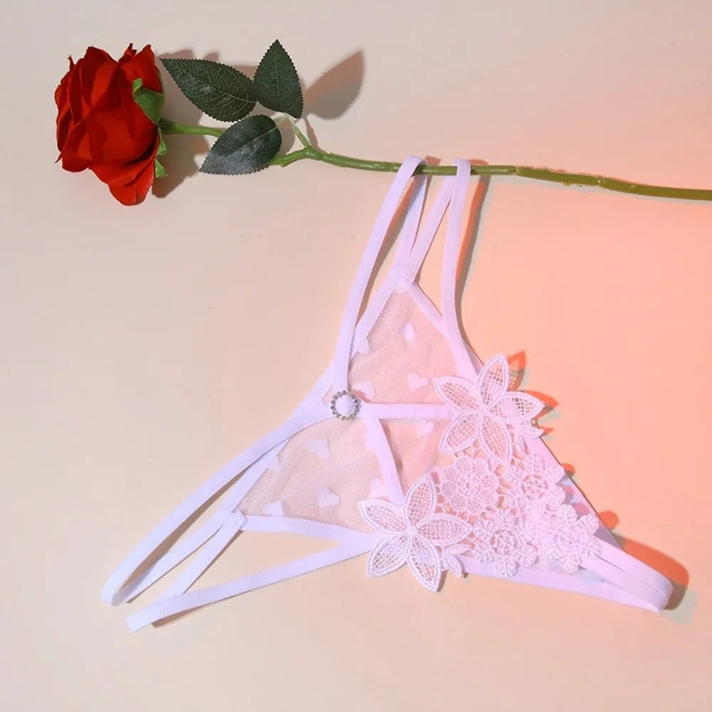 Women's Low Rise Floral Embroidery Thong – Lace Bikini Brief Thong Panties Axl White One Size 1pc