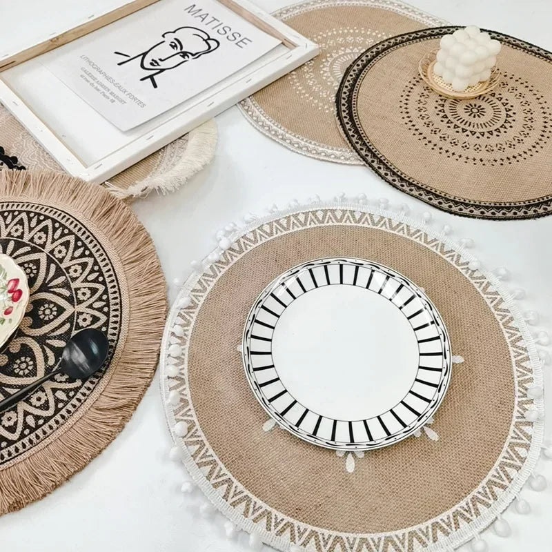 Nordic Round Floral Placemat – Cotton Linen Heat-Resistant Mat Table Placemat Axl