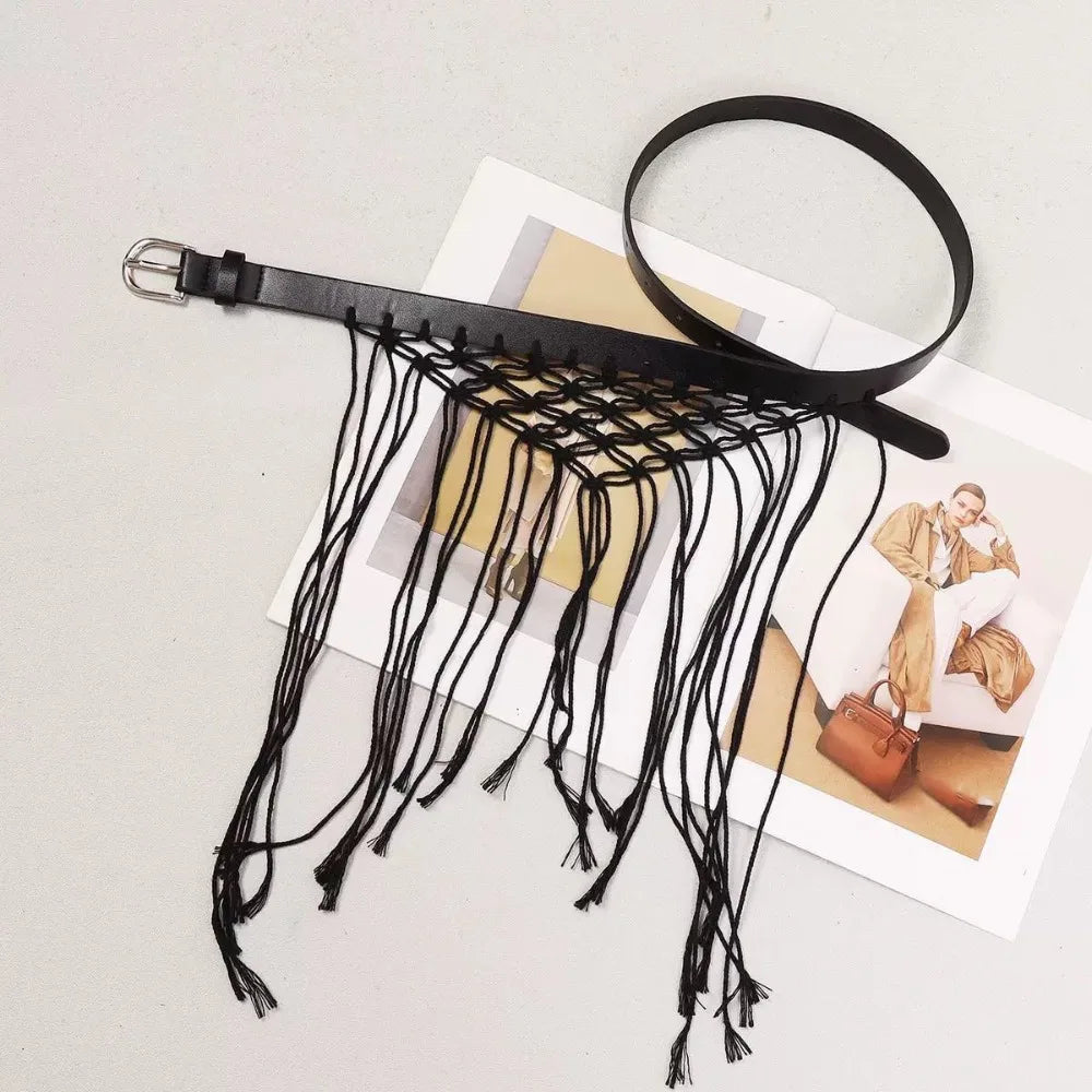 Y2K Tassel Woven Belt – Boho Knit Rope Waistband for Jeans Woven Tassel Belt Axl Black