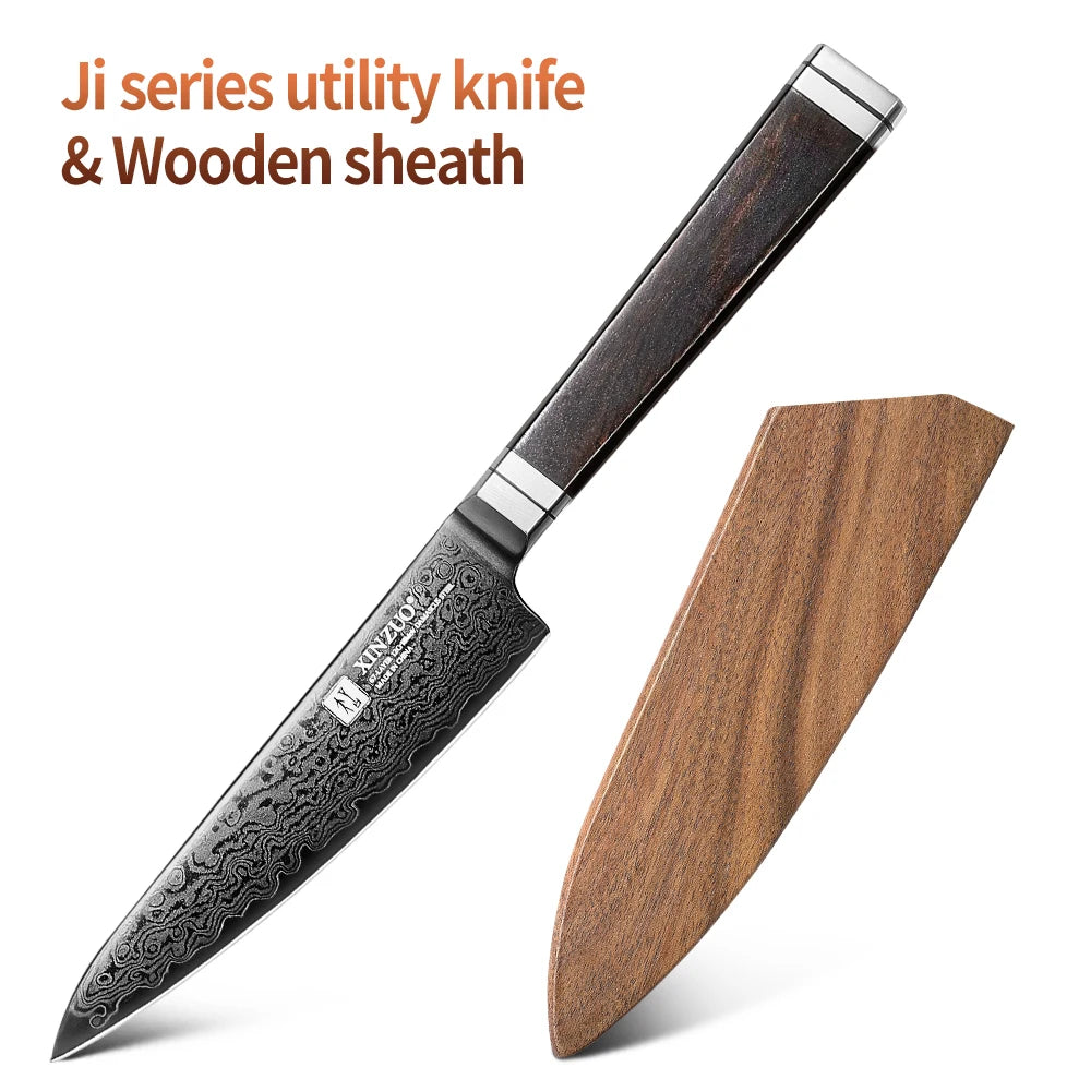 XINZUO 5.3" 67-Layer Damascus Steel Utility Knife | Gift Box Damascus Utility Knife Axl With Wooden Sheath