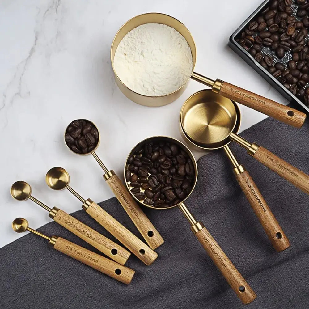 Wooden Handle Stainless Steel Measuring Cups & Spoons Set Measuring Cups & Spoons Axl