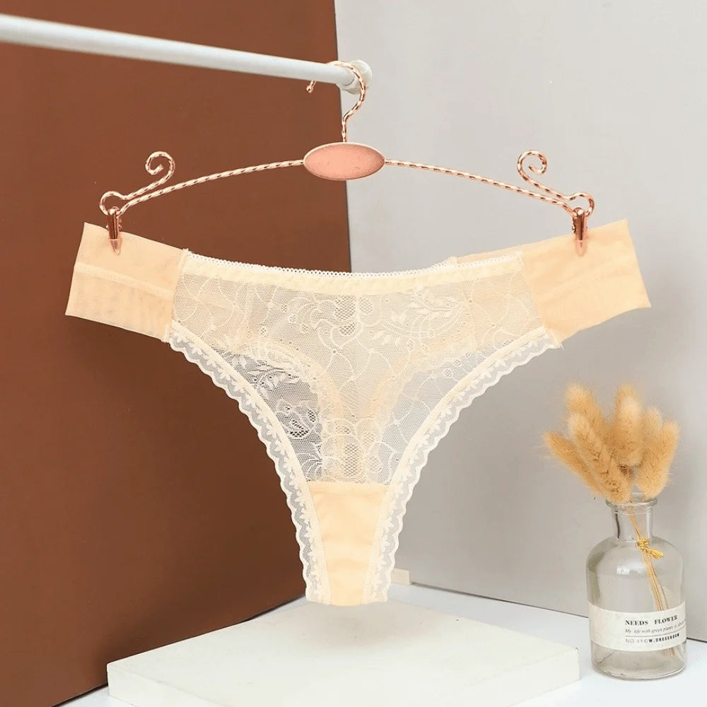 Women's Low Rise Lace Mesh Thong G-String Panties | S-L Lace Thong Panties Axl Skin Color S 1pc