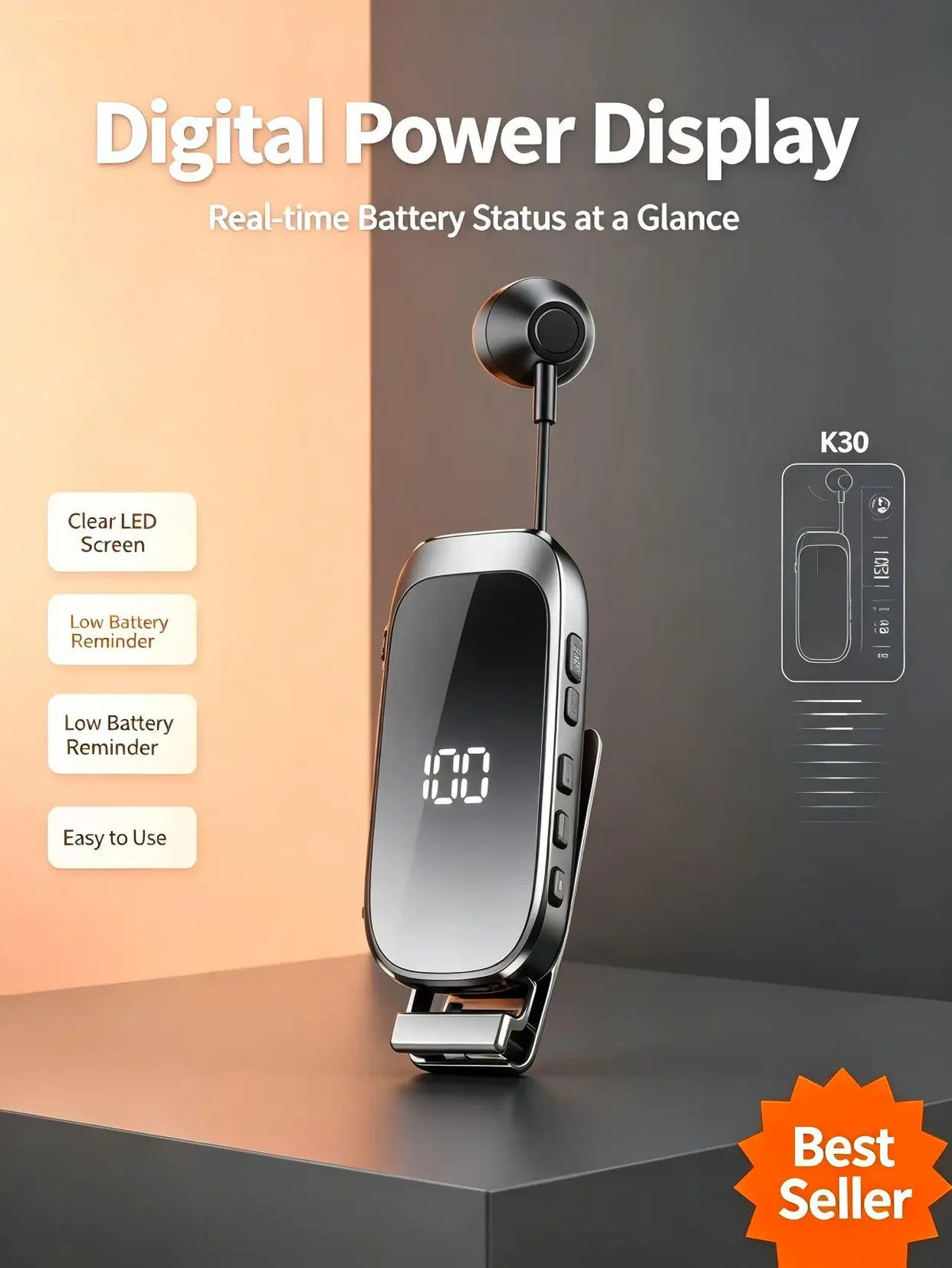 K30 Clip-On Bluetooth Earbud – Retractable Wire & Power Display Bluetooth Headset Axl