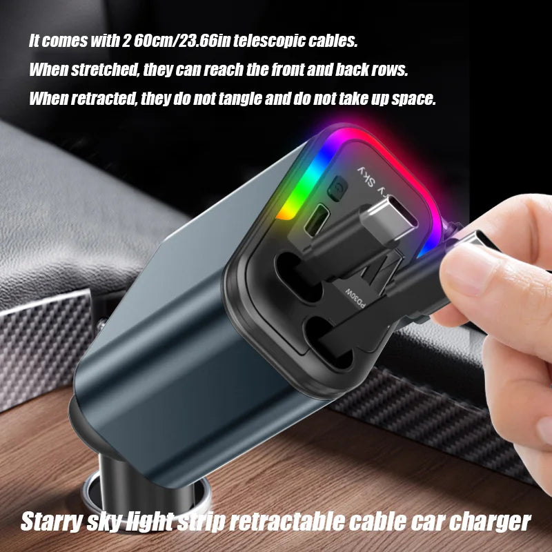 4-in-1 180W Fast Car Charger with 2 Retractable Cables Car Phone Charger Axl