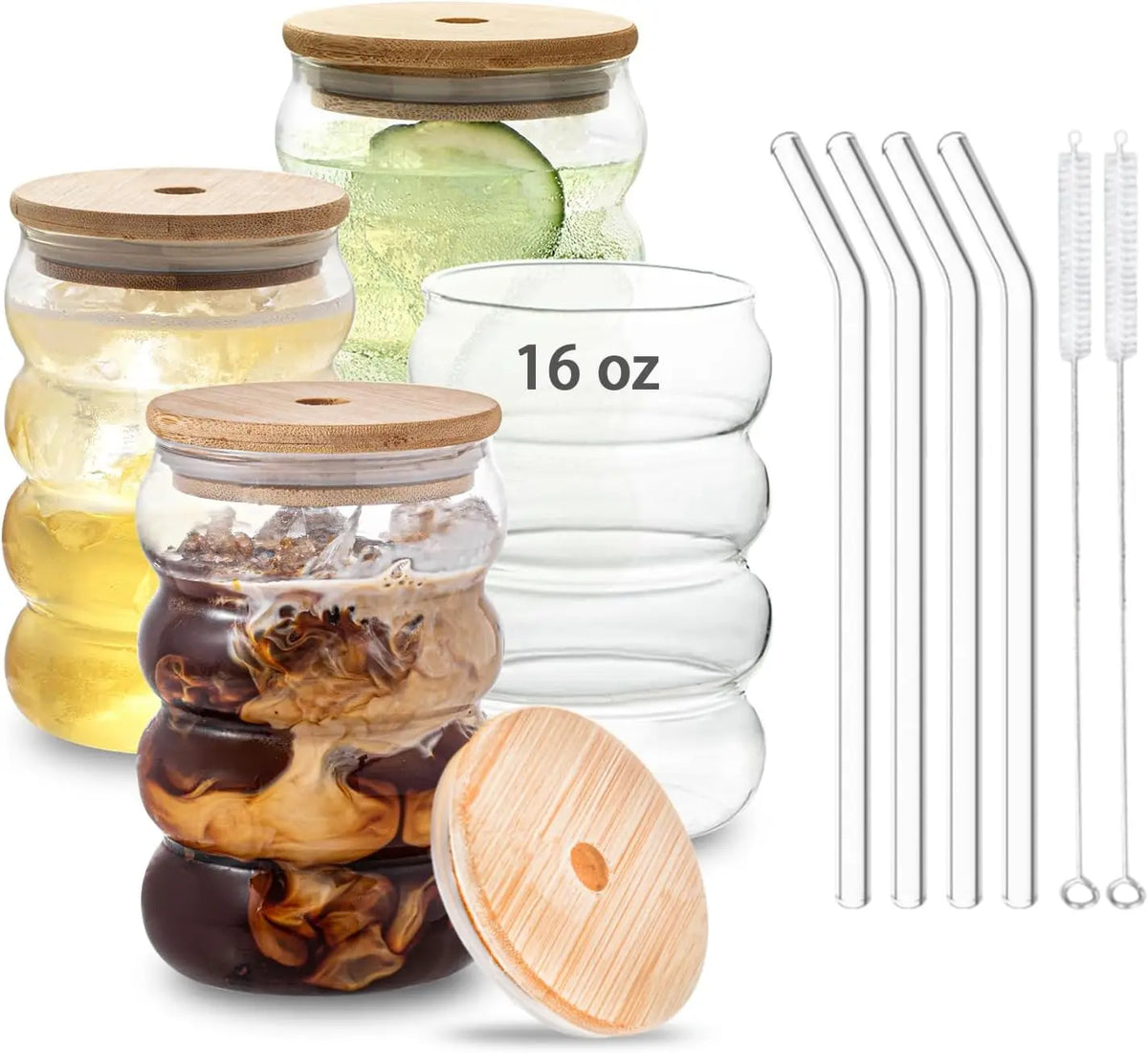 4-Pack 480ml Ribbed Ripple Glass Cups with Lids & Straws Drinking Glass Set Axl green 480ML