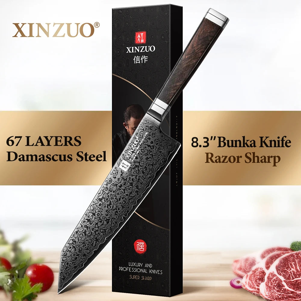 XINZUO 8.3" Damascus Steel Bunka Chef Knife | Ebony Handle Damascus Chef Knife Axl