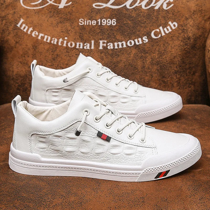 Men's White Vulcanized Casual Flat Sneakers | Lace-Up Board Shoes Men's Casual Sneakers Axl