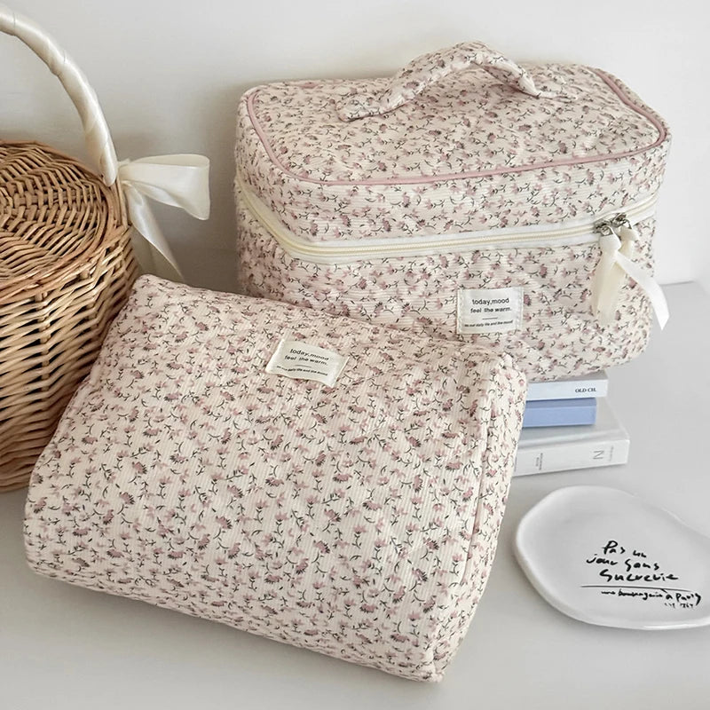 Corduroy Floral Cosmetic Bag – Large Travel Makeup Organizer Travel Makeup Bag Axl